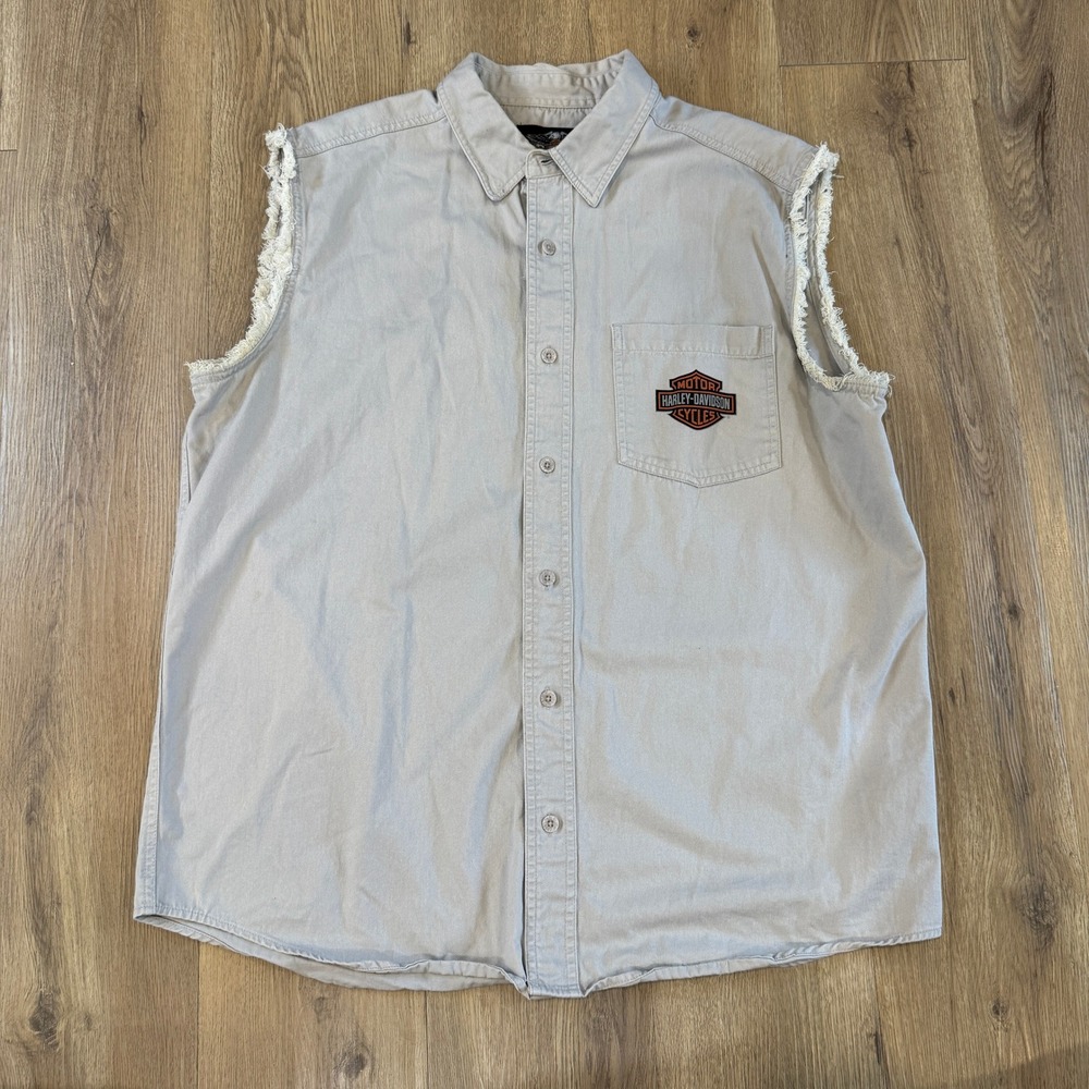 Harley-Davidson Mens XL Khaki Cotton Sleeveless Button Down Biker Shirt Frayed